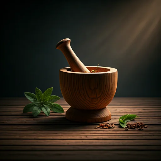 A traditional wooden mortar and pestle being used to grind botanicals