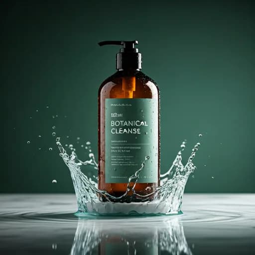 White bottle of Botanical Cleanse Shampoo on a marble surface