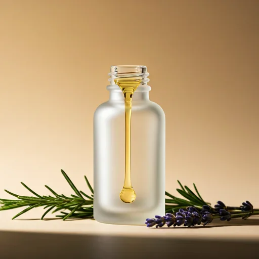 Thick organic hair oil being poured, photographed close up in the studio